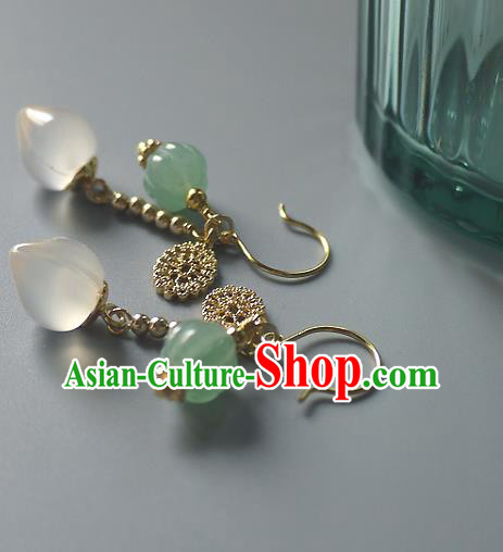Chinese Ancient Court Lady Ear Accessories Traditional Qing Dynasty White Chalcedony Earrings