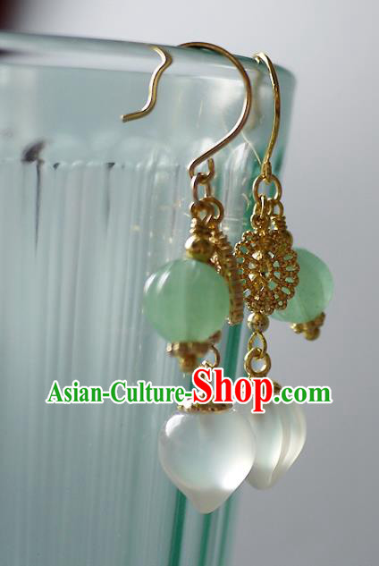 Chinese Ancient Court Lady Ear Accessories Traditional Qing Dynasty White Chalcedony Earrings