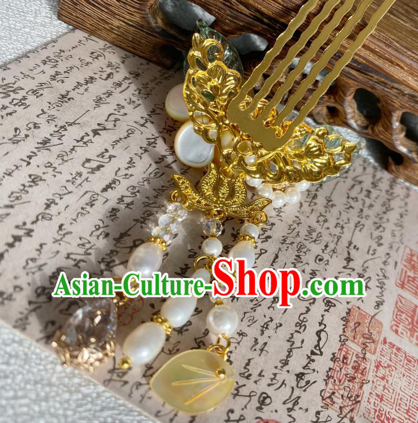 Chinese Ancient Palace Lady Tassel Hairpin Traditional Ming Dynasty Yellow Shell Plum Hair Comb