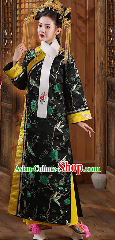 China Ancient Manchu Imperial Consort Black Dress Qing Dynasty Court Woman Garments Clothing and Headpieces Complete Set