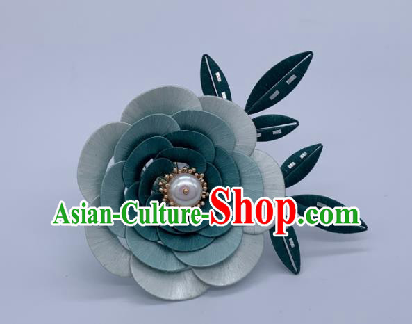 China Handmade Green Silk Camellia Hairpin Traditional Tang Dynasty Hanfu Hair Accessories Ancient Palace Lady Hair Stick