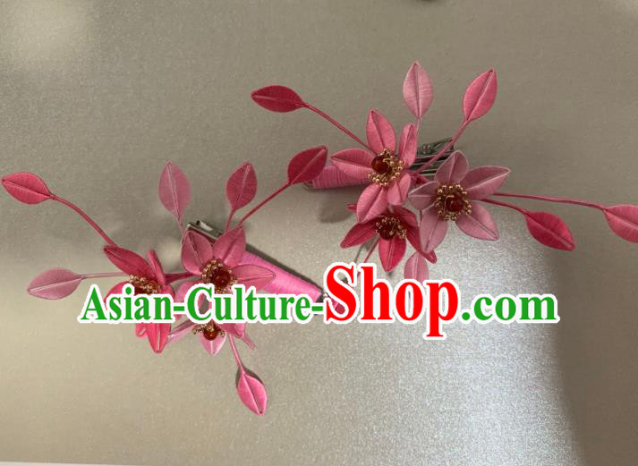 China Handmade Pink Silk Flowers Hairpin Traditional Hanfu Hair Accessories Ancient Song Dynasty Young Lady Hair Claws