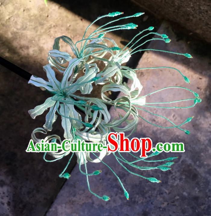 China Handmade Light Green Silk Manjusaka Hairpin Traditional Hanfu Headpiece Ancient Tang Dynasty Princess Hair Stick