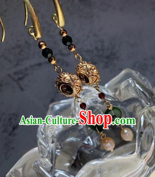 Chinese Ancient Princess Jadeite Earrings Handmade Traditional Ming Dynasty Pearl Ear Jewelry Accessories