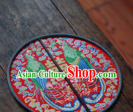 China Traditional Wedding Circular Fan Handmade Embroidered Phoenix Fan Classical Red Silk Palace Fan