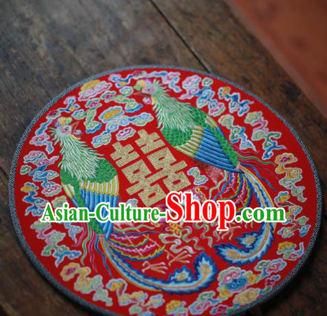 China Traditional Wedding Circular Fan Handmade Embroidered Phoenix Fan Classical Red Silk Palace Fan