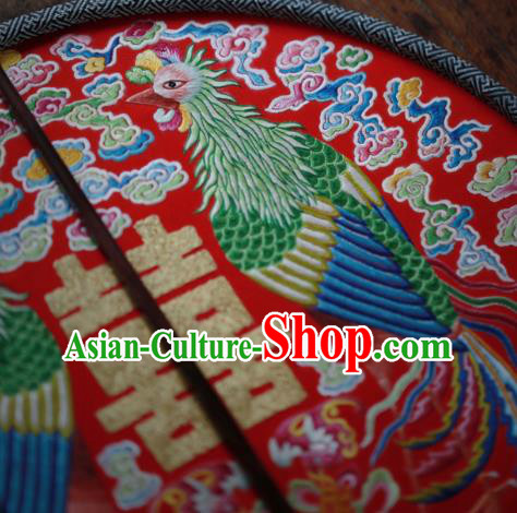China Traditional Wedding Circular Fan Handmade Embroidered Phoenix Fan Classical Red Silk Palace Fan