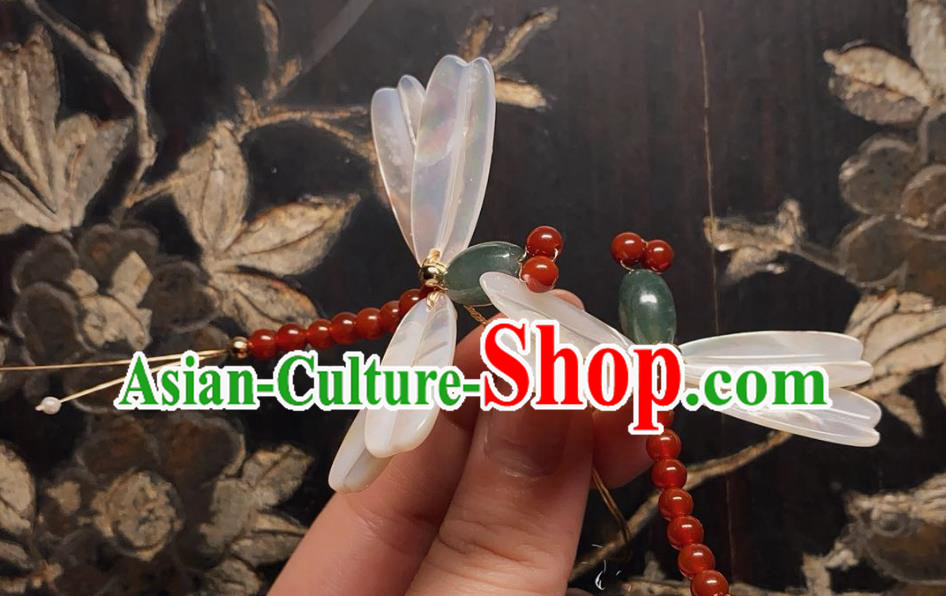 China Handmade Shell Dragonfly Hairpin Traditional Ming Dynasty Hair Accessories Ancient Princess Jadeite Hair Stick