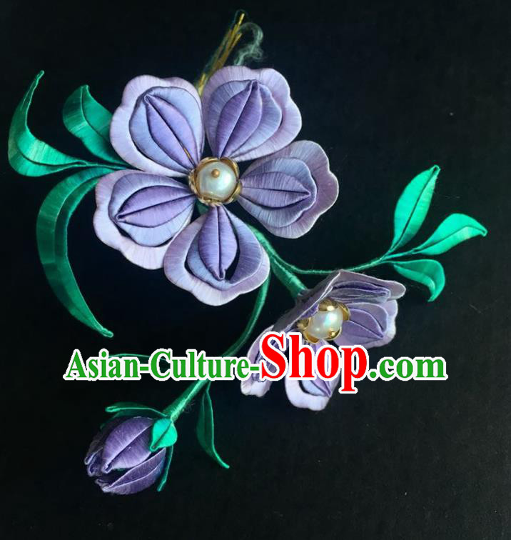 China Handmade Violet Silk Peach Blossom Hairpin Traditional Hanfu Headpiece Ancient Song Dynasty Princess Pearls Hair Stick