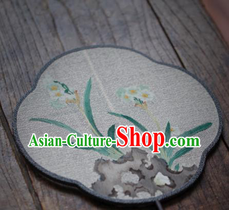 Chinese Handmade Kesi Daffodil Painting Silk Fan Traditional Hanfu Palace Fan