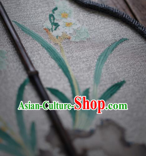 Chinese Handmade Kesi Daffodil Painting Silk Fan Traditional Hanfu Palace Fan