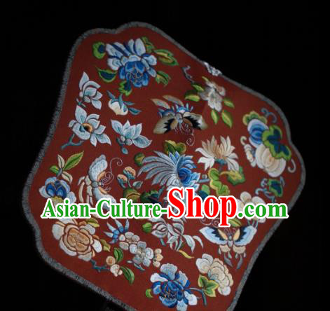 China Classical Red Silk Palace Fan Traditional Wedding Fan Handmade Embroidered Chrysanthemum Peony Fan