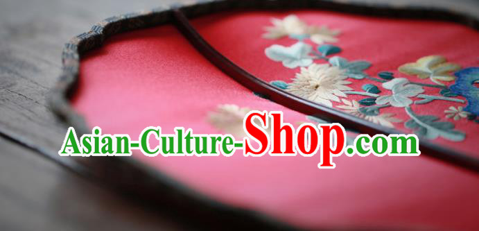 China Classical Red Silk Palace Fan Traditional Wedding Hanfu Fan Handmade Embroidered Chrysanthemum Fan