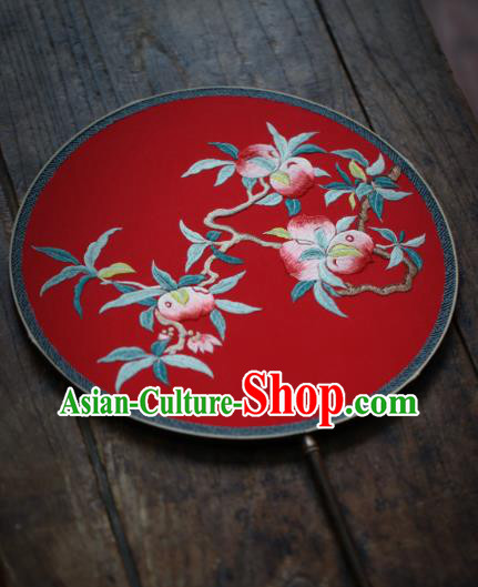 China Traditional Wedding Hanfu Fan Handmade Embroidered Peach Circular Fan Classical Red Silk Palace Fan