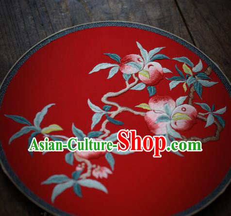 China Traditional Wedding Hanfu Fan Handmade Embroidered Peach Circular Fan Classical Red Silk Palace Fan
