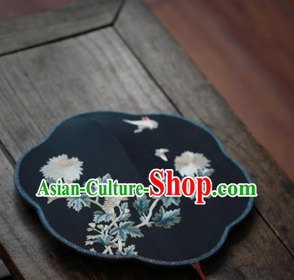 China Classical Navy Silk Palace Fan Traditional Hanfu Fan Handmade Embroidered Chrysanthemum Fan