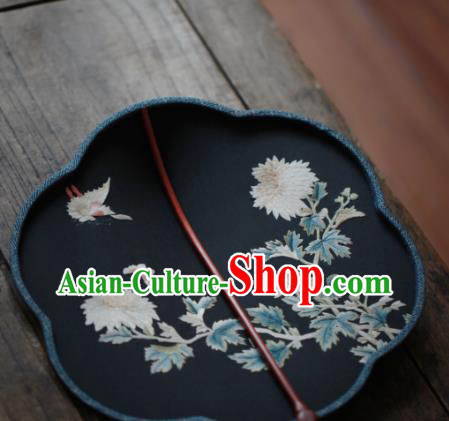 China Classical Navy Silk Palace Fan Traditional Hanfu Fan Handmade Embroidered Chrysanthemum Fan