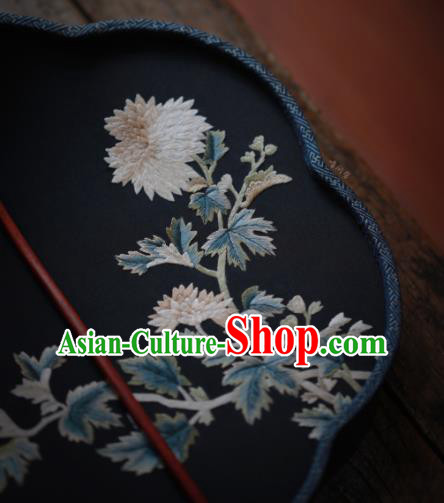 China Classical Navy Silk Palace Fan Traditional Hanfu Fan Handmade Embroidered Chrysanthemum Fan