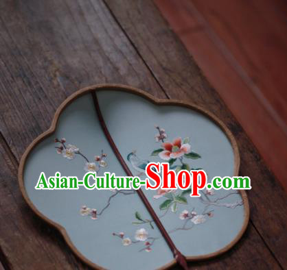 China Handmade Embroidered Plum Blossom Fan Classical Light Blue Silk Palace Fan Traditional Hanfu Fan