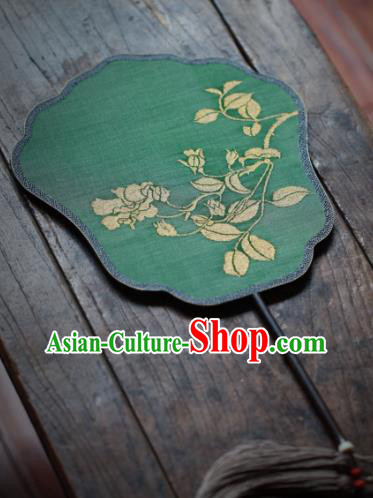 Chinese Ancient Princess Hanfu Fans Handmade Kesi Rose Painting Pattern Green Silk Fan Traditional Palace Fan