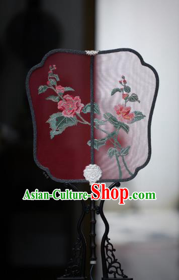 China Handmade Embroidered Hibiscus Fan Classical Red Silk Palace Fan Traditional Ming Dynasty Hanfu Fan