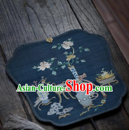 Chinese Ancient Princess Hanfu Fans Handmade Kesi Peony Vase Painting Pattern Navy Silk Fan Traditional Palace Fan