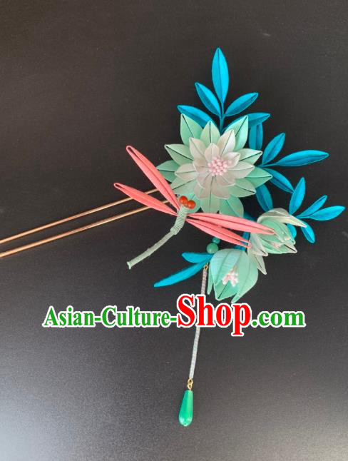 China Handmade Silk Lotus Dragonfly Hairpin Traditional Song Dynasty Hair Accessories Ancient Imperial Concubine Hair Clip