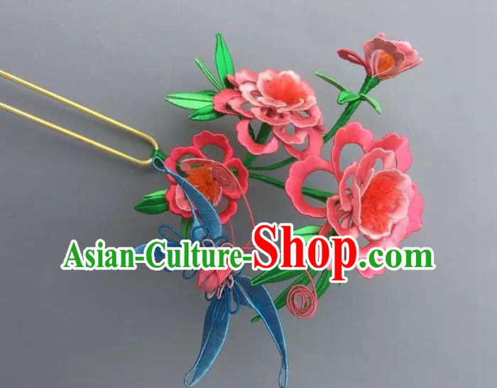 China Handmade Pink Silk Peony Butterfly Hairpin Traditional Qing Dynasty Hair Accessories Ancient Manchu Princess Hair Clip