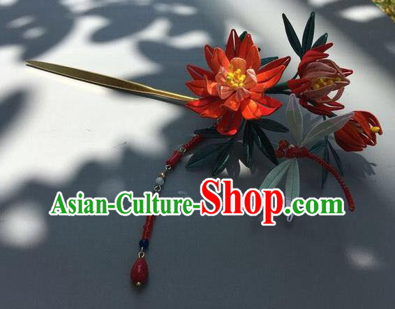 China Handmade Silk Chrysanthemum Hairpin Traditional Wedding Hair Accessories Ancient Princess Red Beads Tassel Hair Stick