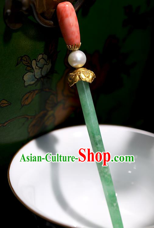 China Handmade Jadeite Hairpin Traditional Qing Dynasty Court Headpiece Ancient Imperial Concubine Hair Clip