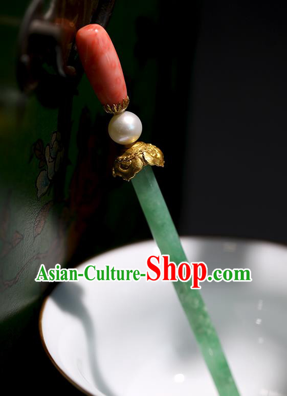 China Handmade Jadeite Hairpin Traditional Qing Dynasty Court Headpiece Ancient Imperial Concubine Hair Clip