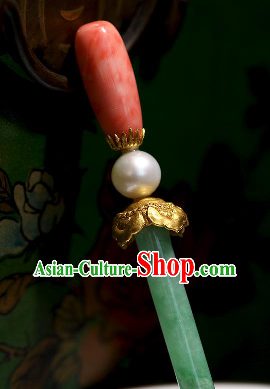 China Handmade Jadeite Hairpin Traditional Qing Dynasty Court Headpiece Ancient Imperial Concubine Hair Clip