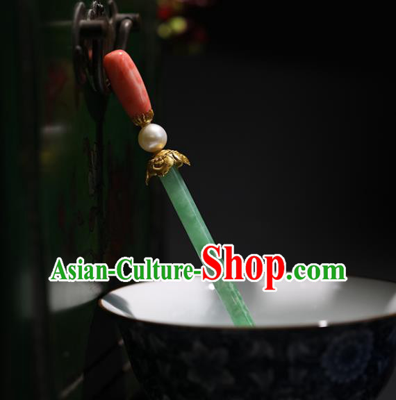 China Handmade Jadeite Hairpin Traditional Qing Dynasty Court Headpiece Ancient Imperial Concubine Hair Clip