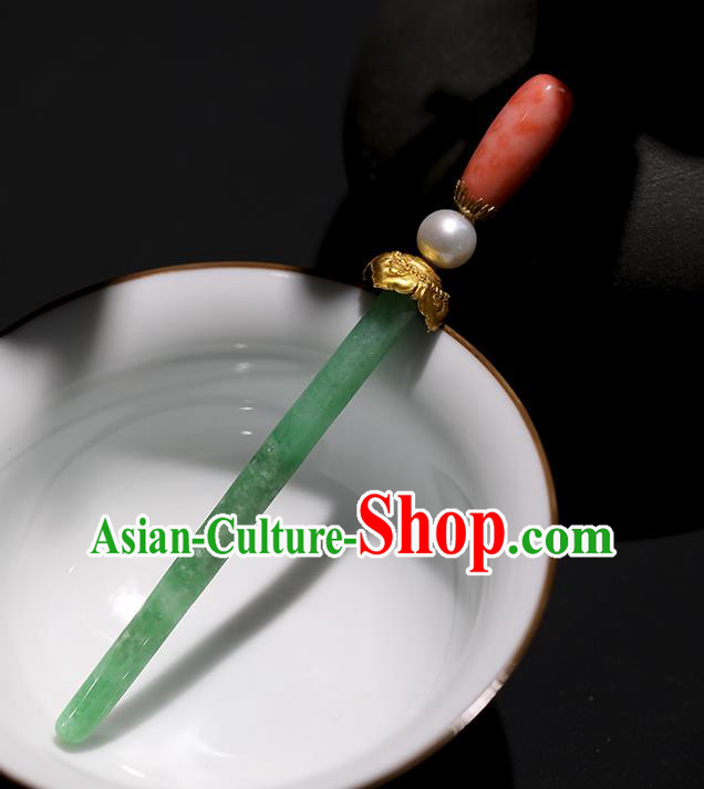 China Handmade Jadeite Hairpin Traditional Qing Dynasty Court Headpiece Ancient Imperial Concubine Hair Clip