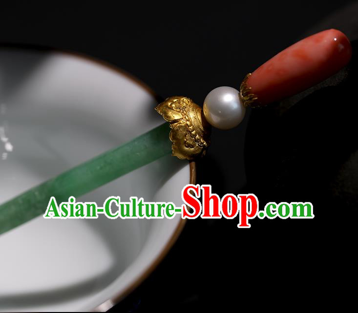 China Handmade Jadeite Hairpin Traditional Qing Dynasty Court Headpiece Ancient Imperial Concubine Hair Clip