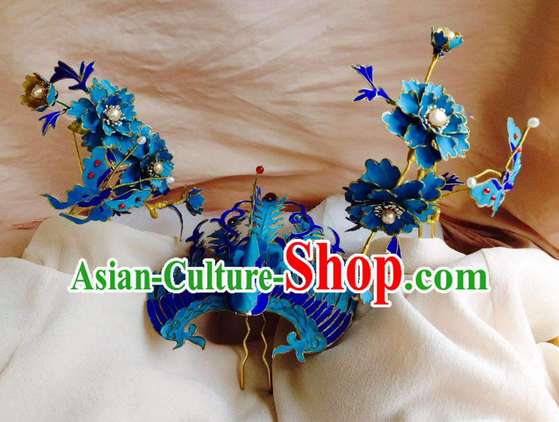 China Handmade Blue Peony Butterfly Hairpins Traditional Wedding Headdress Ancient Qing Dynasty Empress Hair Crown Complete Set