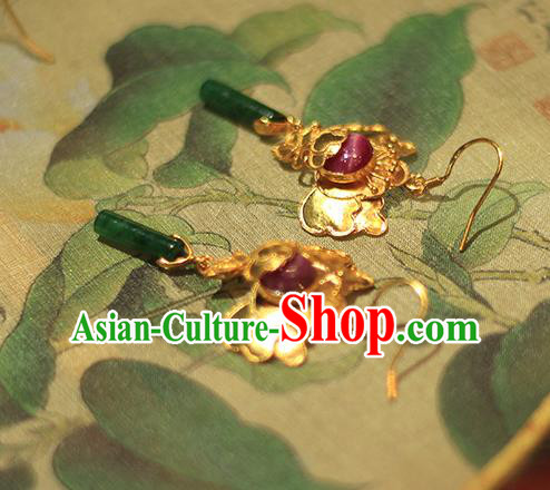 Chinese Traditional Cheongsam Ear Accessories National Jade Jewelry Handmade Golden Earrings