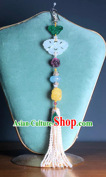 Chinese Traditional Pearls Tassel Pendant Ancient Qing Dynasty Court Woman Jade Brooch Accessories