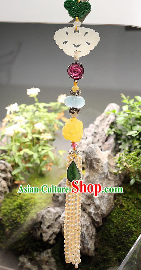 Chinese Traditional Pearls Tassel Pendant Ancient Qing Dynasty Court Woman Jade Brooch Accessories