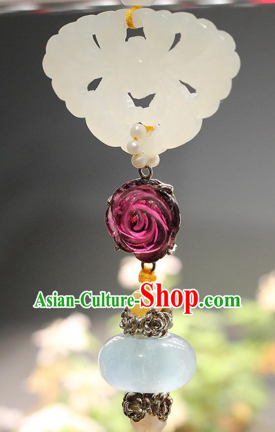 Chinese Traditional Pearls Tassel Pendant Ancient Qing Dynasty Court Woman Jade Brooch Accessories