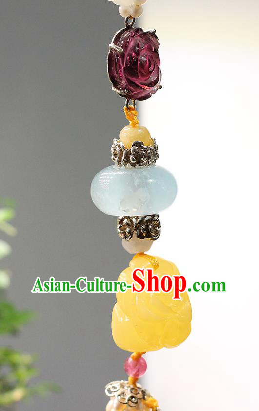 Chinese Traditional Pearls Tassel Pendant Ancient Qing Dynasty Court Woman Jade Brooch Accessories