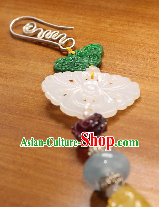 Chinese Traditional Pearls Tassel Pendant Ancient Qing Dynasty Court Woman Jade Brooch Accessories