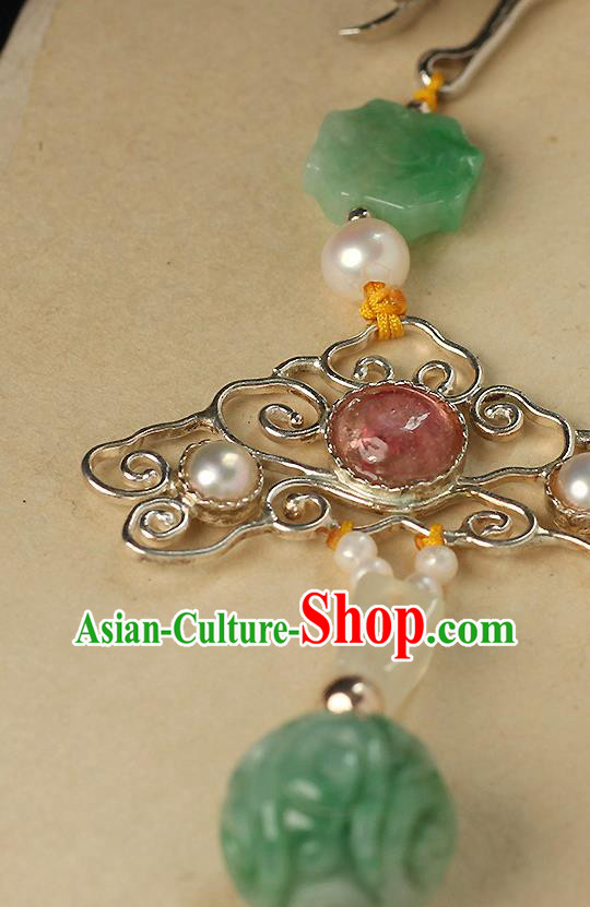 Chinese Ancient Qing Dynasty Court Woman Brooch Accessories Traditional Pearls Tassel Jade Pendant