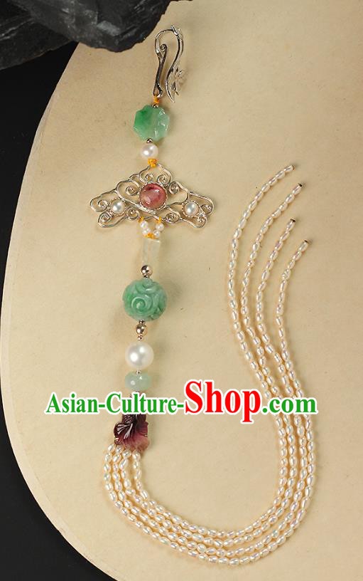 Chinese Ancient Qing Dynasty Court Woman Brooch Accessories Traditional Pearls Tassel Jade Pendant
