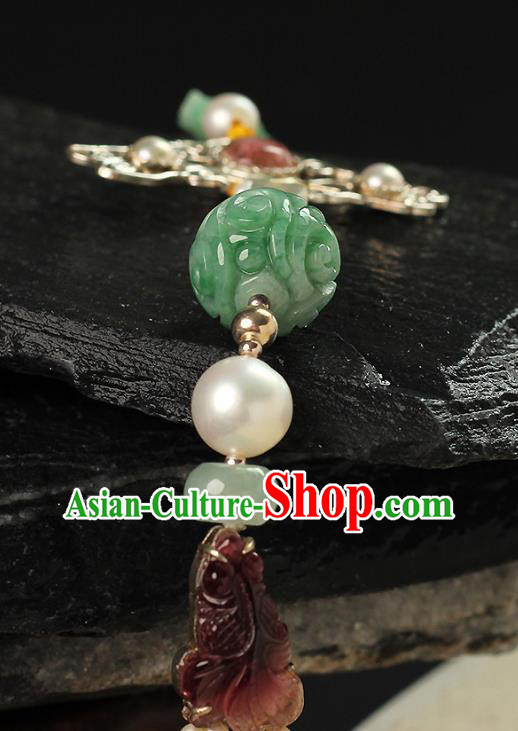 Chinese Ancient Qing Dynasty Court Woman Brooch Accessories Traditional Pearls Tassel Jade Pendant