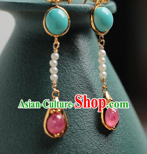 Chinese Traditional Cheongsam Golden Cloud Ear Accessories National Pearls Jewelry Handmade Tourmaline Earrings