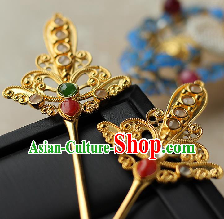 China Handmade Gems Golden Hairpin Traditional Ming Dynasty Hair Accessories Ancient Empress Hair Clip