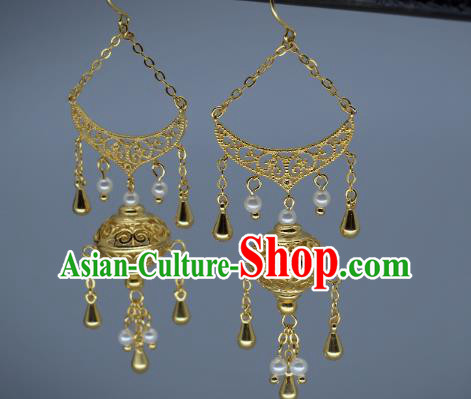 Chinese Traditional Tang Dynasty Ear Accessories National Jewelry Handmade Ancient Imperial Concubine Golden Lantern Earrings