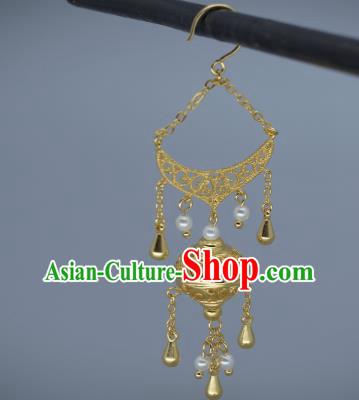 Chinese Traditional Tang Dynasty Ear Accessories National Jewelry Handmade Ancient Imperial Concubine Golden Lantern Earrings