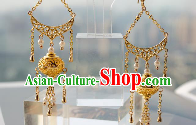 Chinese Traditional Tang Dynasty Ear Accessories National Jewelry Handmade Ancient Imperial Concubine Golden Lantern Earrings